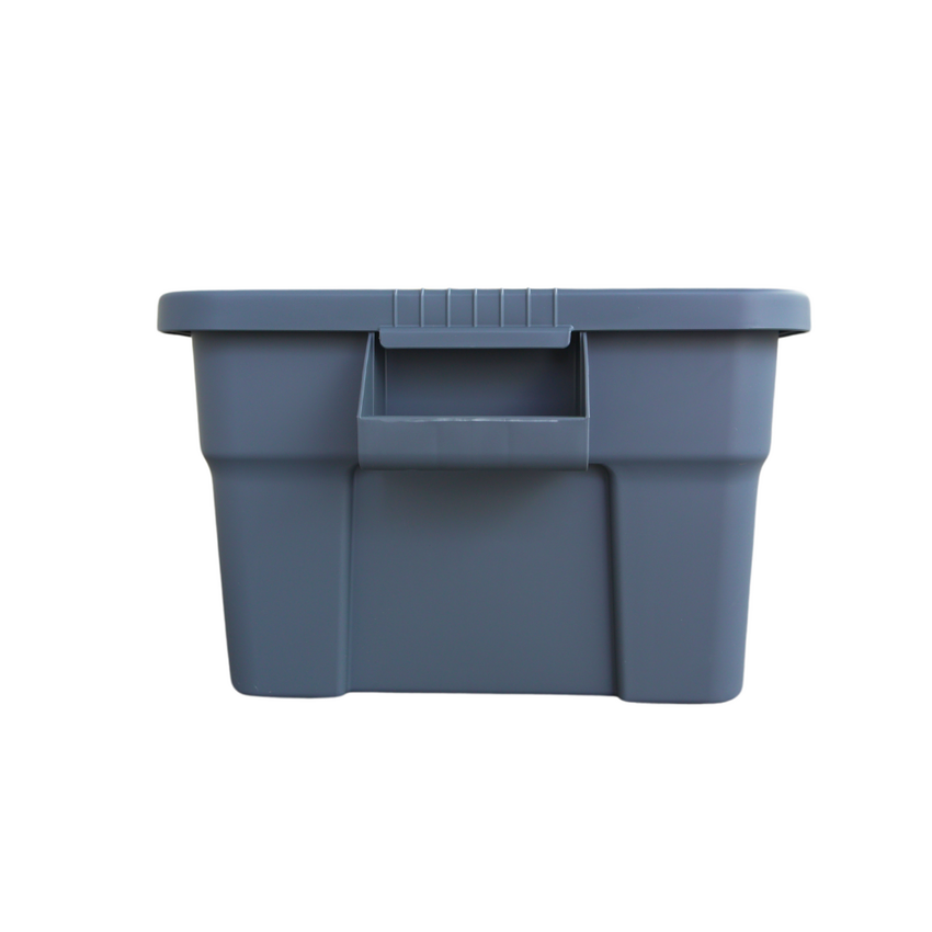 Side view of grey storage container facing the easy to grip handles.