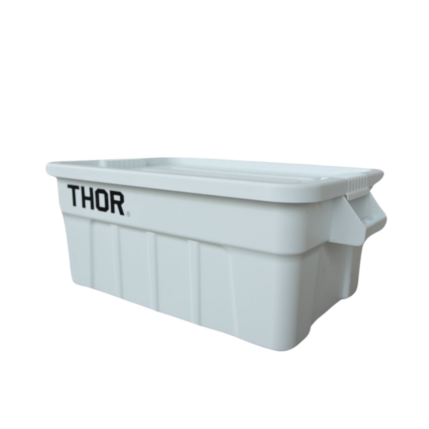 White plastic storage container with a ribbed lid and 'THOR' logo, featuring side handles for easy transport.