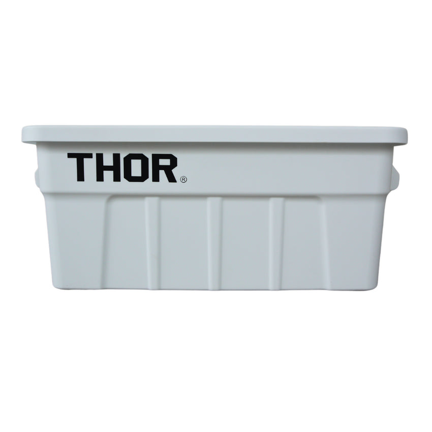 Front view of a white plastic storage container with a ribbed sides and 'THOR' logo, featuring side handles.
