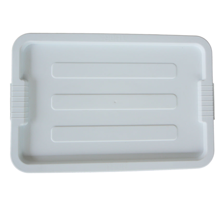 Above view of a white storage container looking at the ribbed lid design.