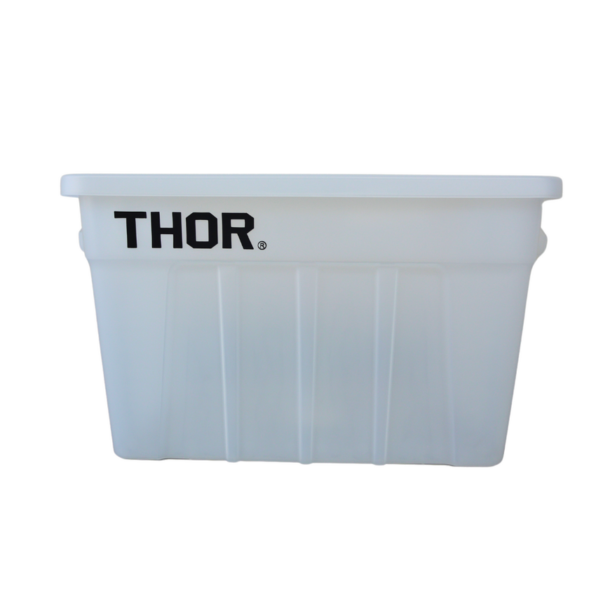 Clear storage bin with a flat top, featuring the bold black logo "THOR" on the front. Ideal for organising various items.