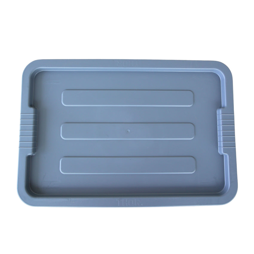 Top view of a grey plastic lid container with textured lines, featuring grip handles on the sides, ideal for food or utility use.
