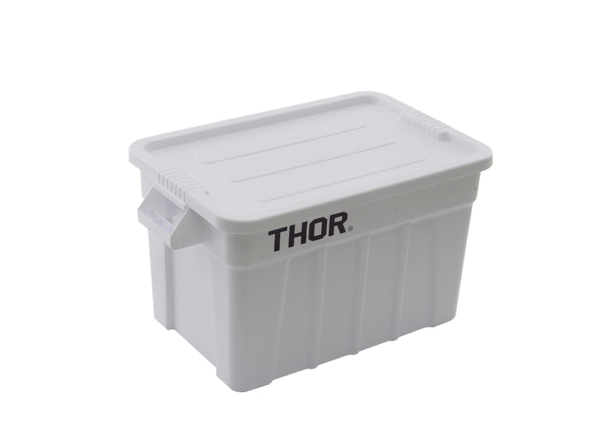 White plastic storage bin with a flat lid and handles, featuring a black "THOR" logo on the front. Ideal for organising items.