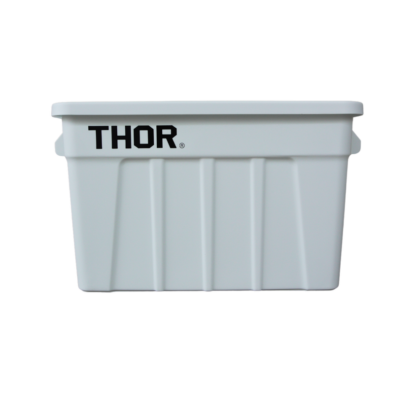 A sleek white storage bin with "THOR" logo on the front, featuring vertical ridges and sturdy handles for easy transport.