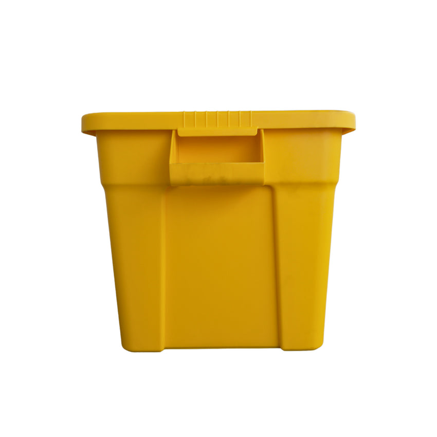 A bright yellow plastic storage bin viewed from the front, featuring a handle and a sturdy, rectangular design.