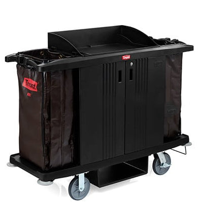 A black cleaning cart with two black fabric bags, storage compartments, and wheels for easy mobility. Ideal for janitorial use.
