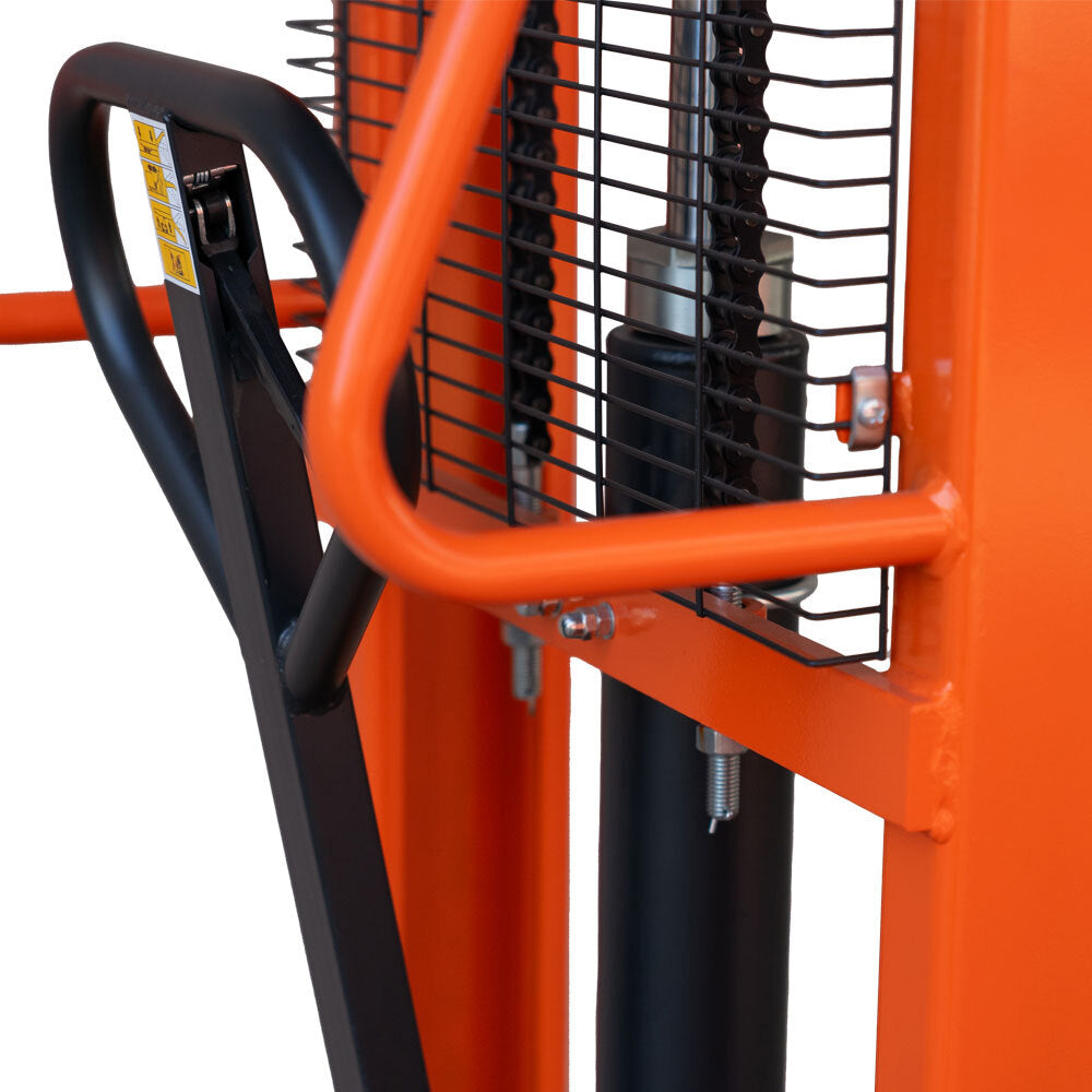 Close-up of a heavy-duty hand walkie stackers orange frame, black handle, and hydraulic components, showcasing its robust design for lifting.