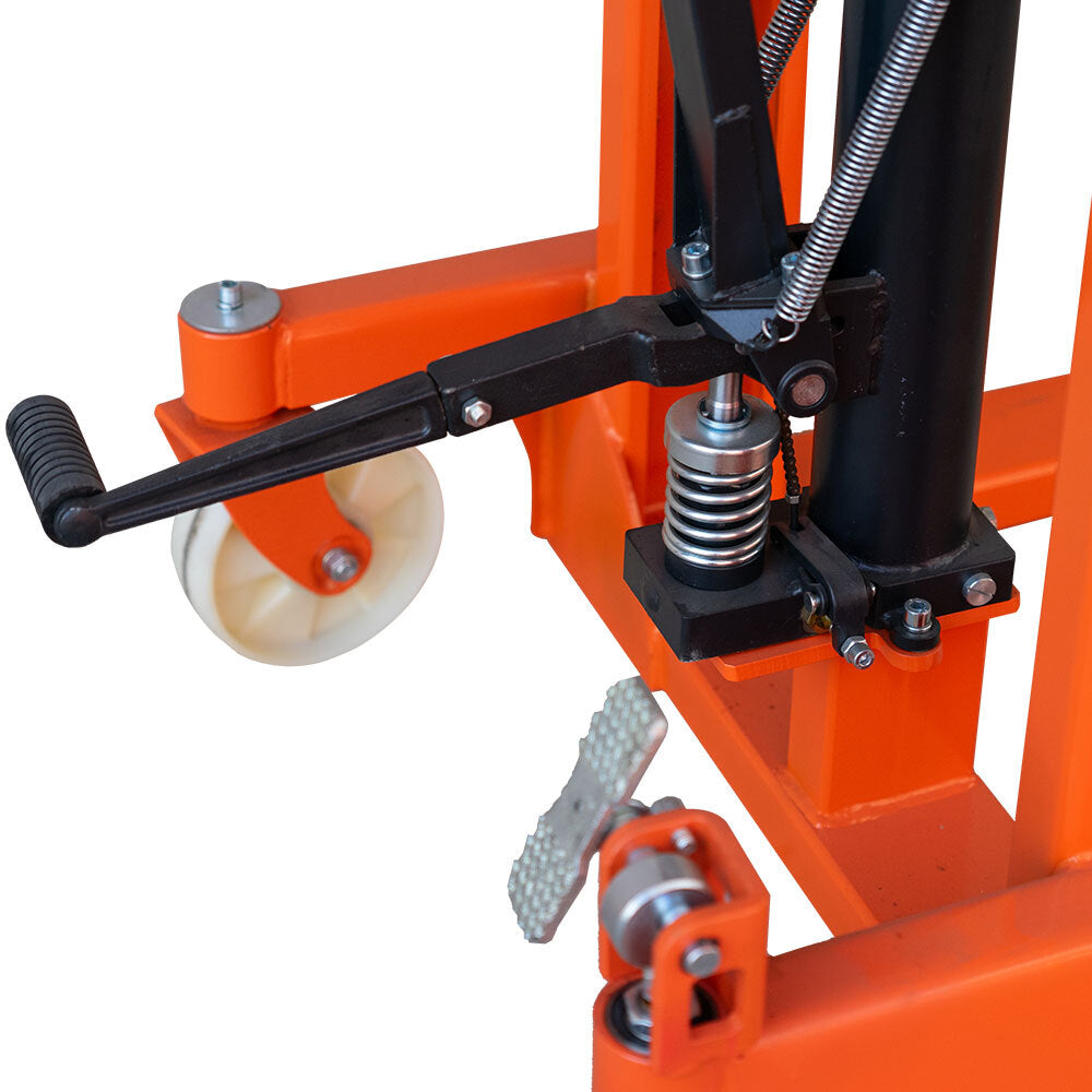 Close-up of a hydraulic lift's handle, spring mechanism, and foot pedal, showcasing its orange metal frame and wheel for mobility.