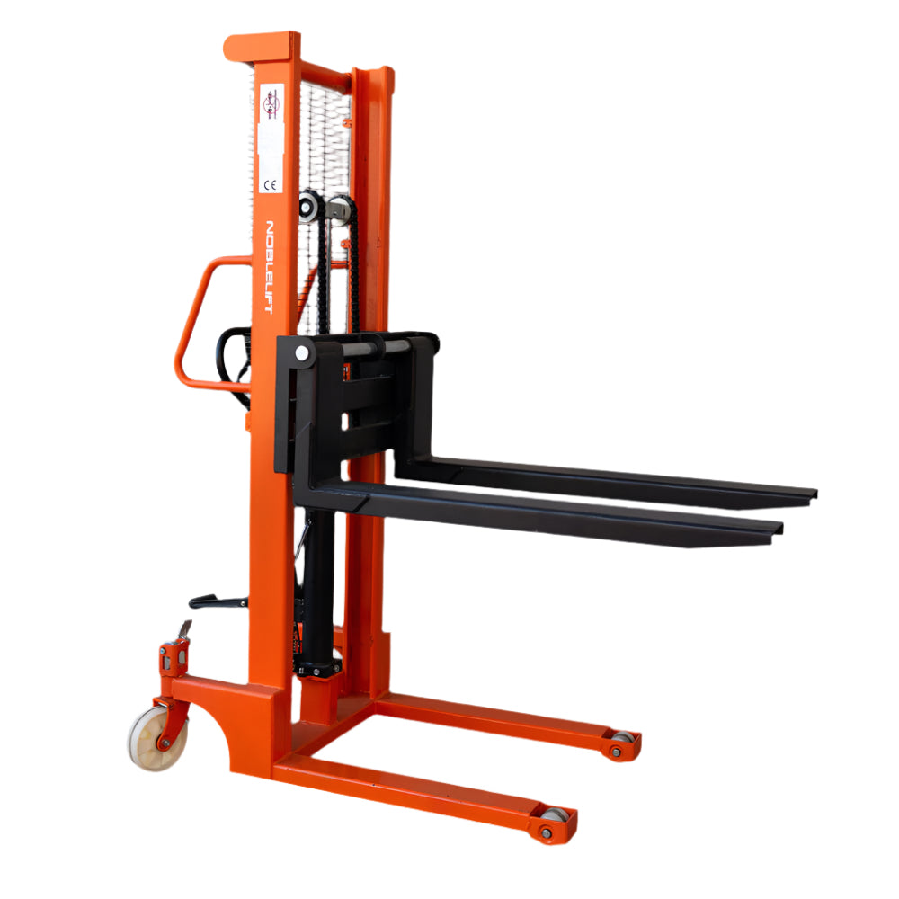 An orange manual stacker with black forks lifted halfway up, used for lifting and transporting pallets.