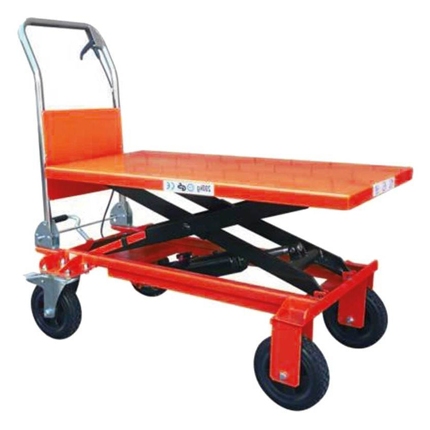 An orange hydraulic lift cart with a flat platform and sturdy wheels, ideal for transporting heavy items easily.