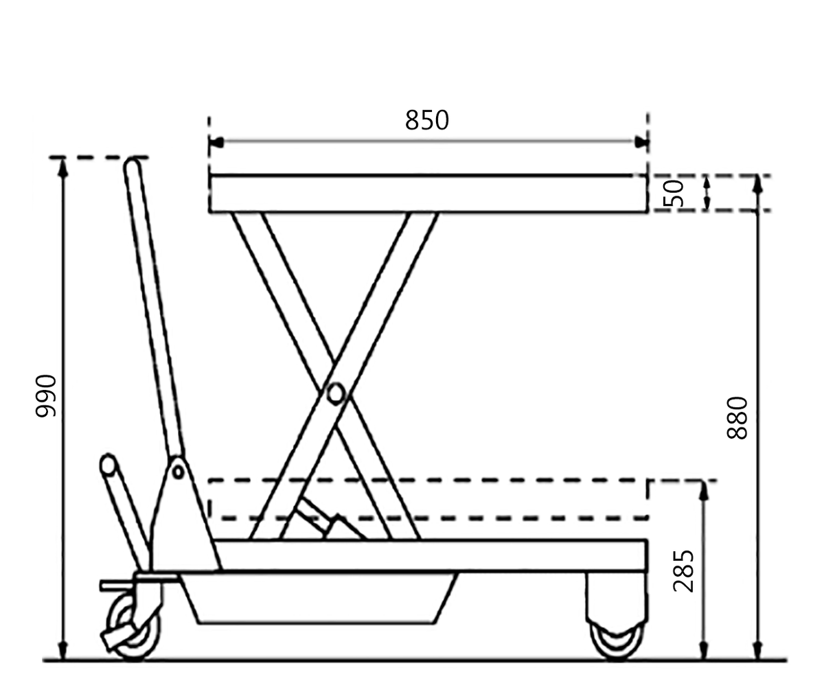 Schematic drawing of a scissor lift table, showcasing dimensions: height 990mm, width 850mm, and adjustable height to 880mm.