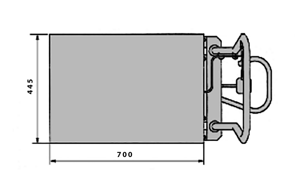 Line drawing of a stainless steel lifting table with dimensions 700mm width and 445mm height, featuring attachment points on one side.