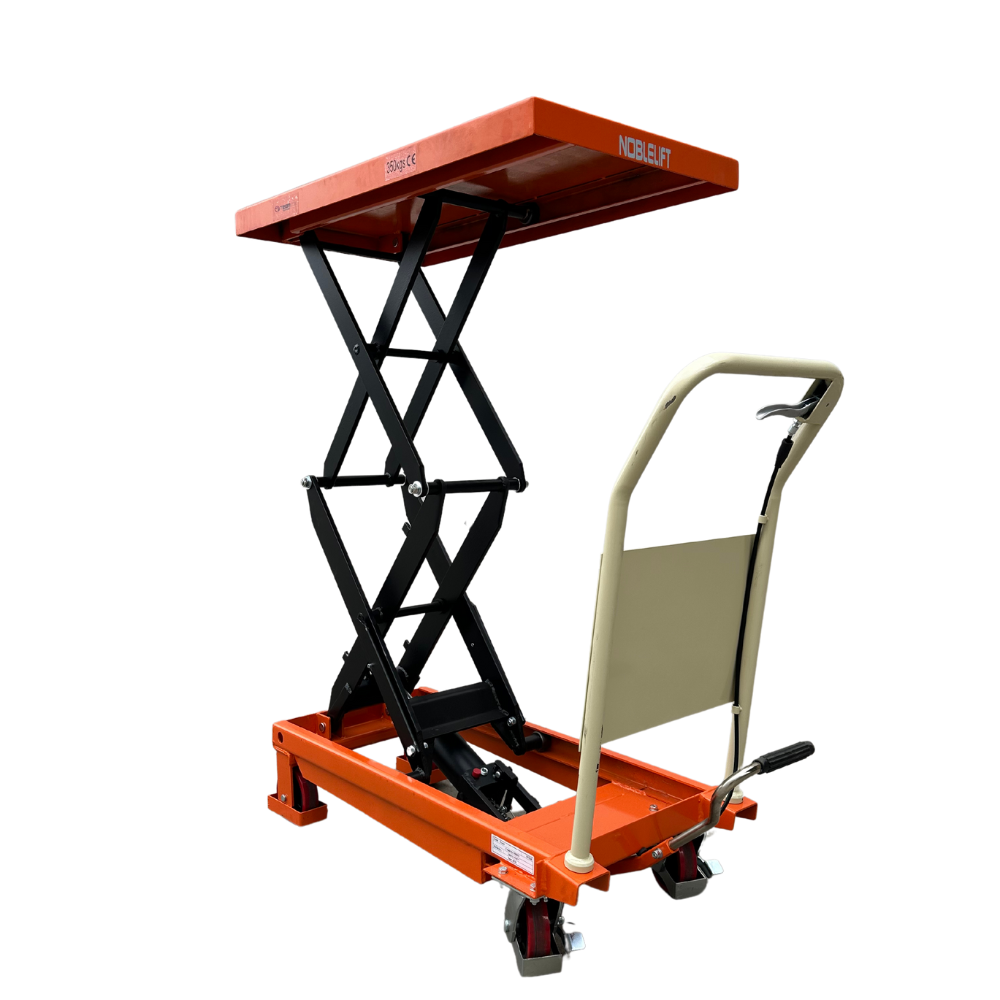 An orange scissor lift table with a black lifting mechanism and a handle, designed for transporting and elevating heavy items.