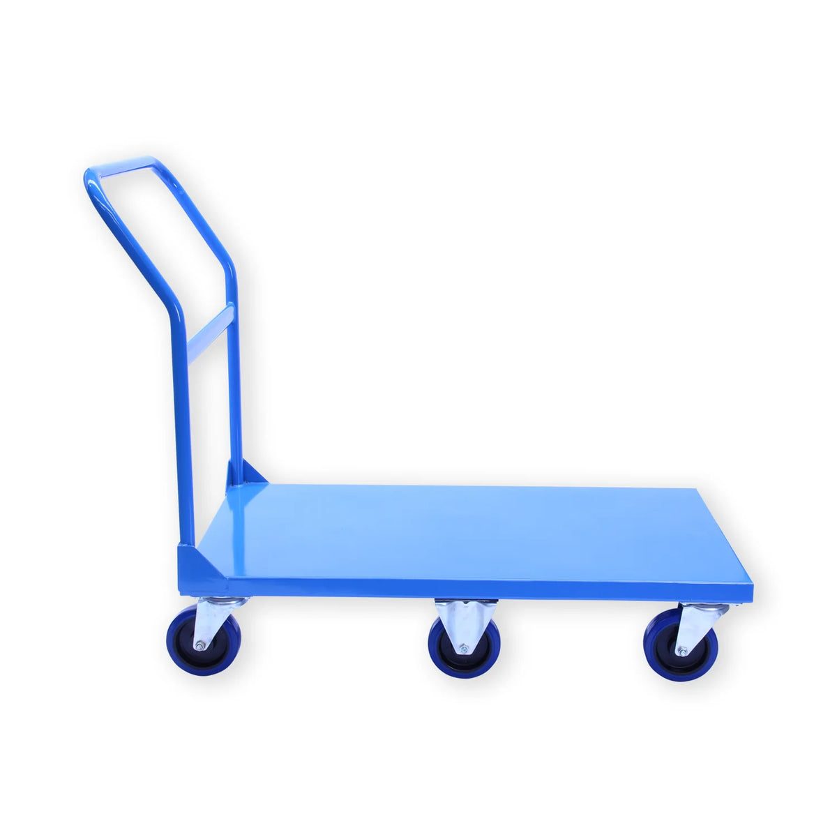A blue metal utility cart with a flat surface and four swivel wheels, designed for easy transport of items.
