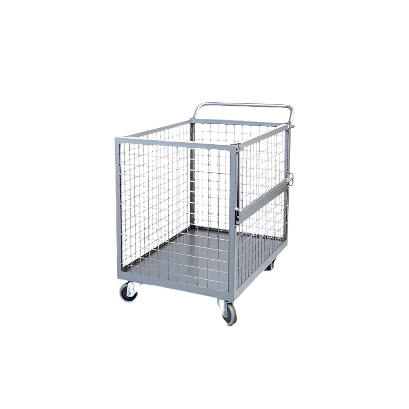 Gray metal storage cart with a wire mesh design, equipped with a handle and four wheels for easy mobility.