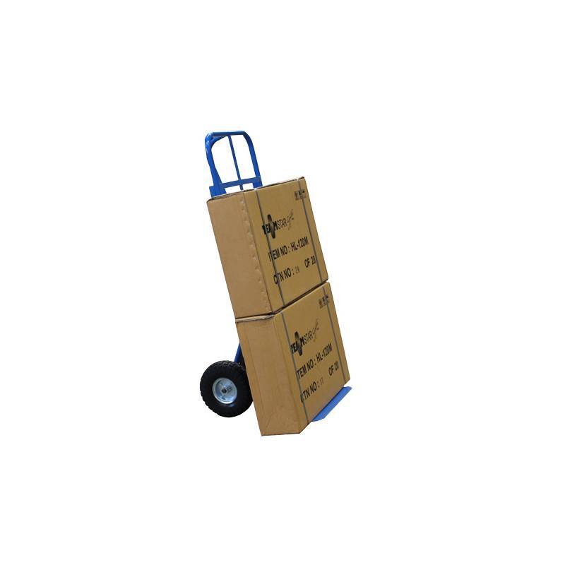A blue hand truck is loaded with two stacked cardboard boxes, ready for transport. The background is plain white.
