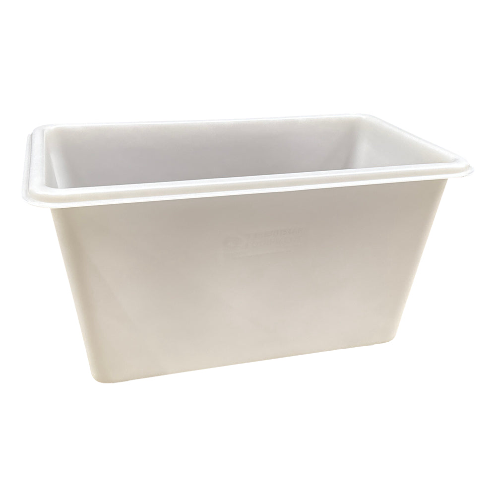 A rectangular, white plastic bin with a smooth surface and slightly tapered design, suitable for storage.