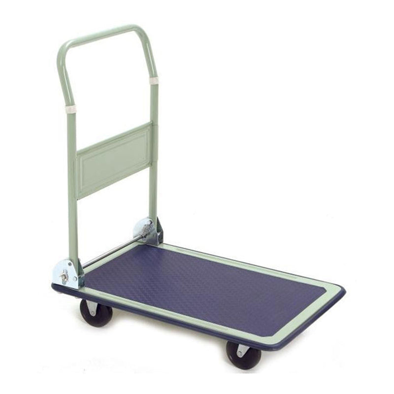 A white foldable trolley with a textured blue platform and wheels, designed for transporting heavy items.