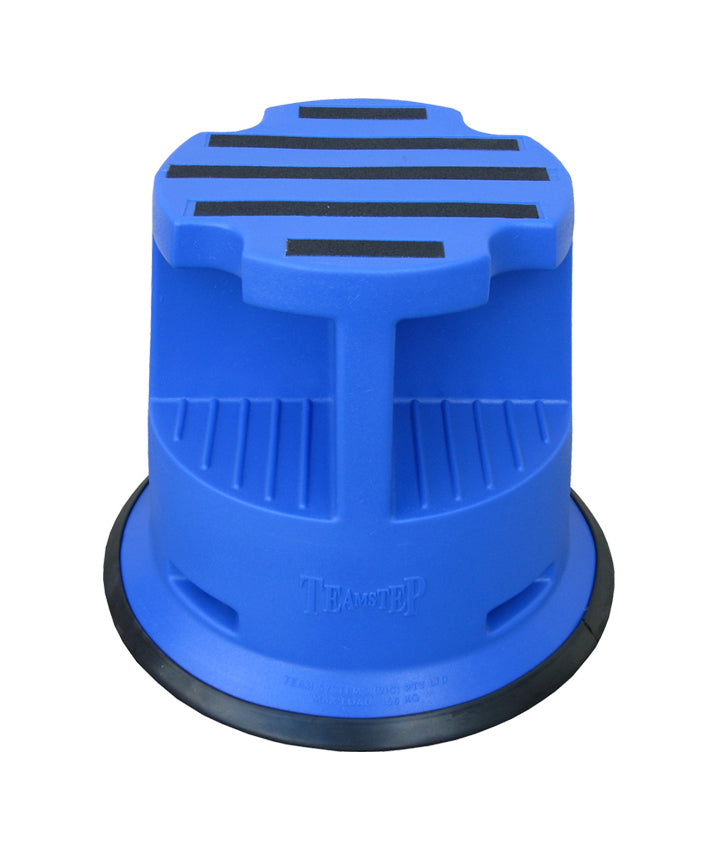 Blue circular plastic safety step stool with striped top and rubber base. Suitable for various indoor uses.