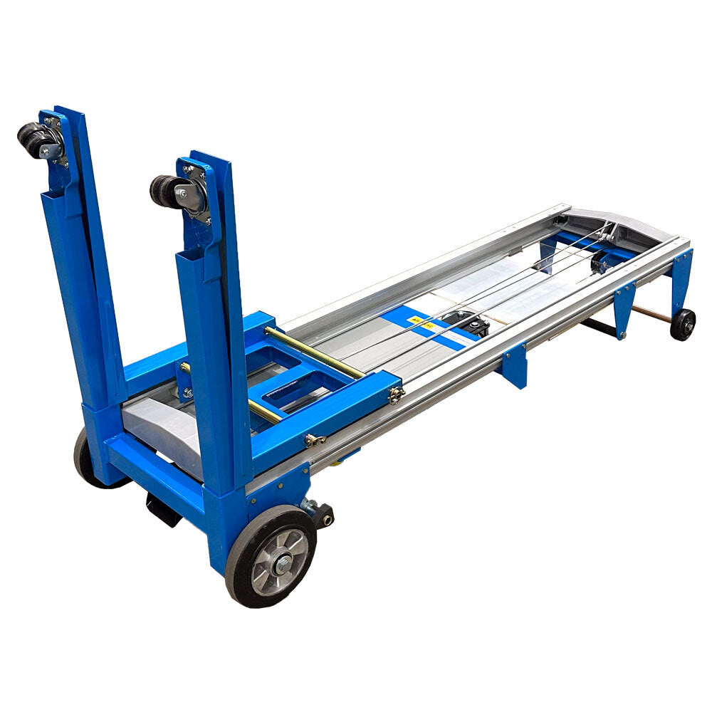 A blue, wheeled cart with adjustable supports and a slidable platform, designed for transporting and handling materials.