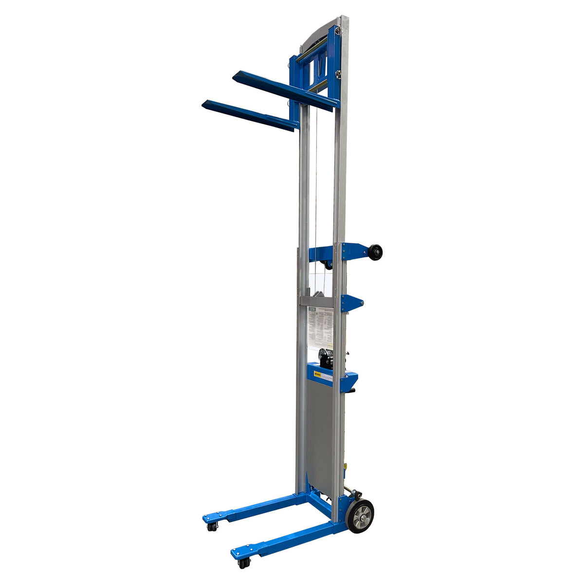 A tall blue and gray vertical lift with two horizontal shelves, wheels, and height-adjustable features for transporting items.