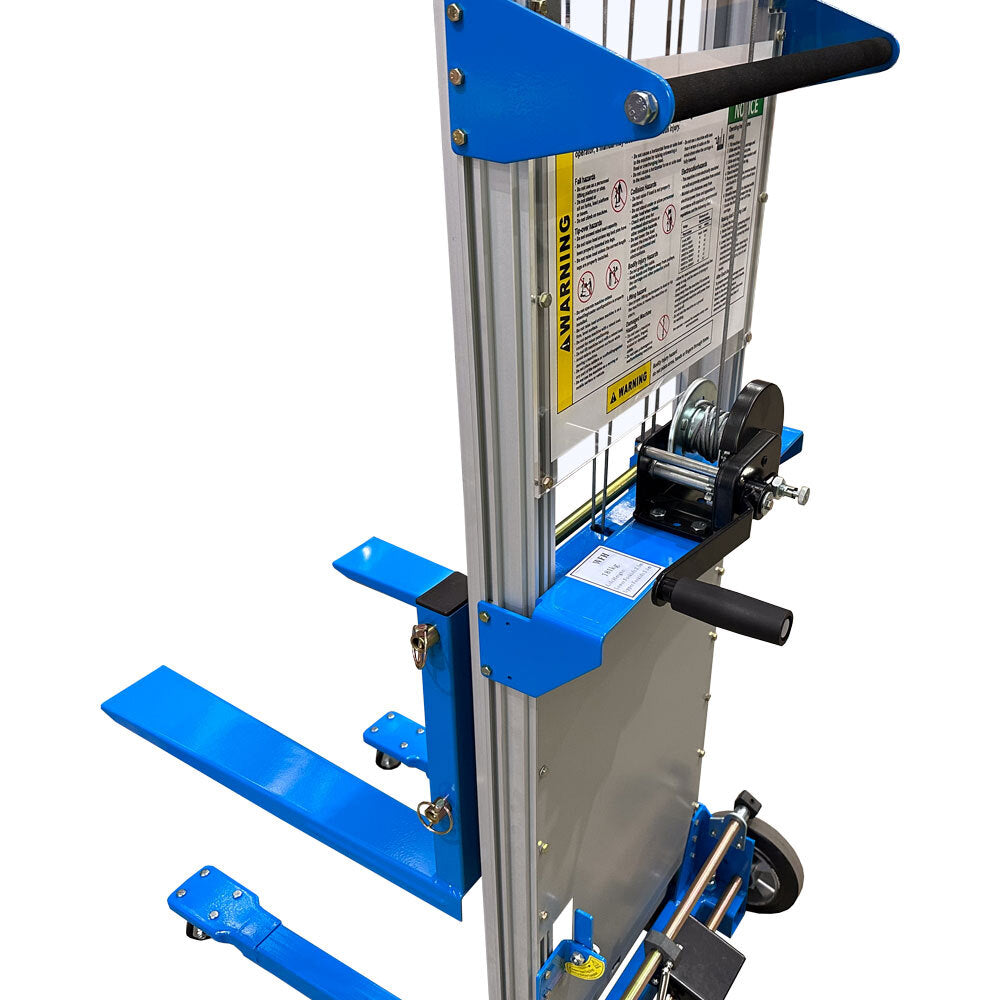 A blue vertical lift with a pulley system, safety warnings, and two sturdy base legs, designed for efficient lifting and transport.