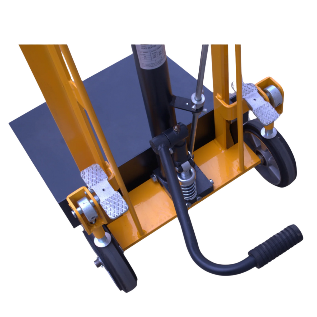 Close-up of a hydraulic lift cart's base, featuring a black platform, yellow frame, and foot pedal for operation.