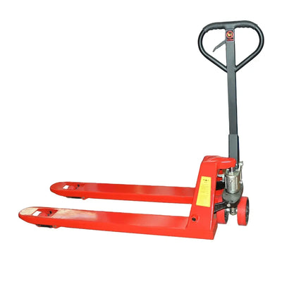 Red pallet jack with a black handle and wheels, designed for lifting and moving heavy loads in warehouses and storage areas.