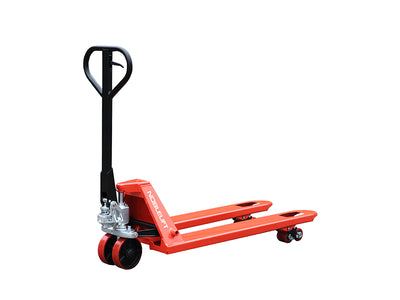 Red and black manual pallet jack with a steel frame and handle, branded 'NOBLELIFT' on the side.