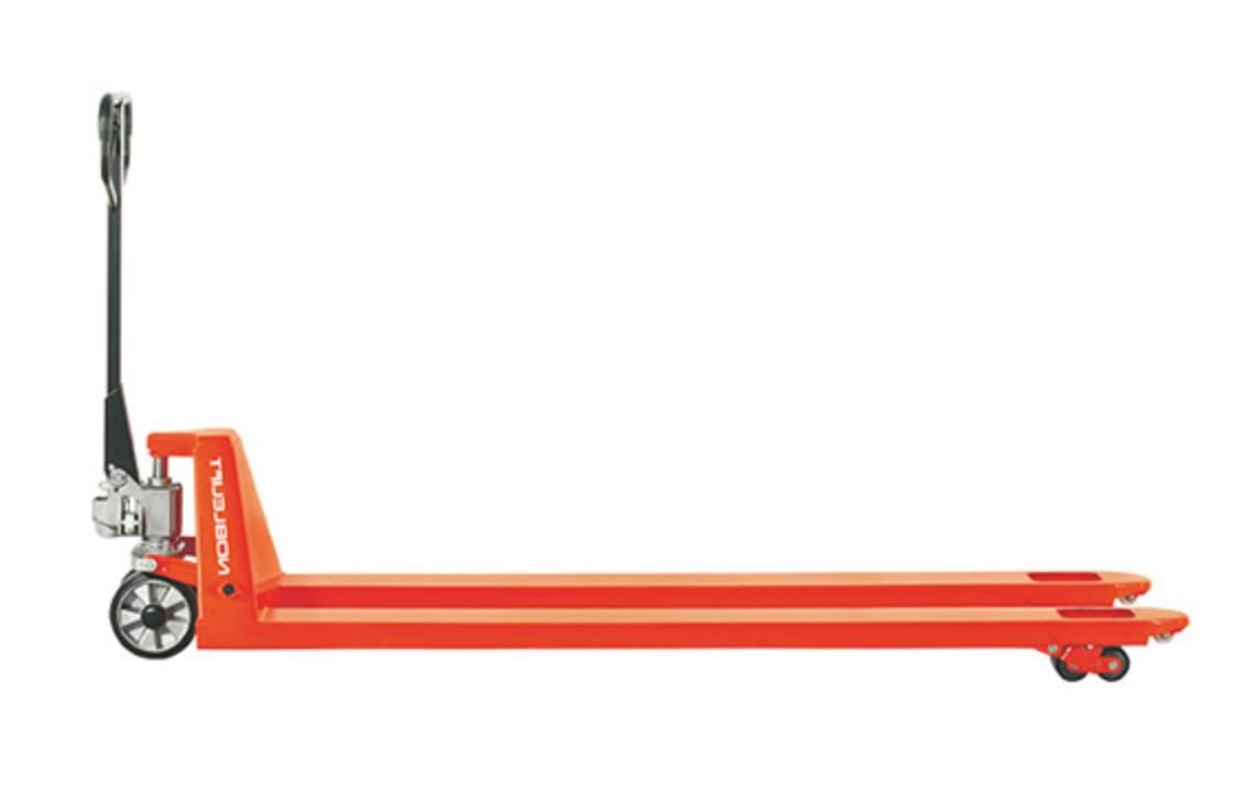 Orange manual pallet jack with extra long forked arms, ergonomic handle, and sturdy wheels for lifting and transporting heavy loads.