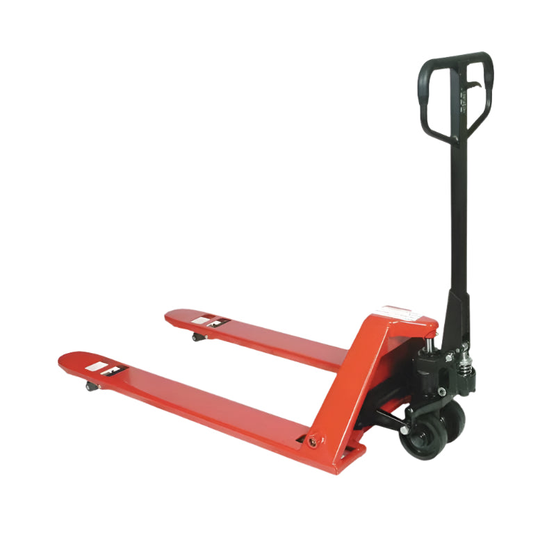 A orange hand pallet jack with two forks and a black handle, designed for lifting and transporting heavy loads in warehouses.