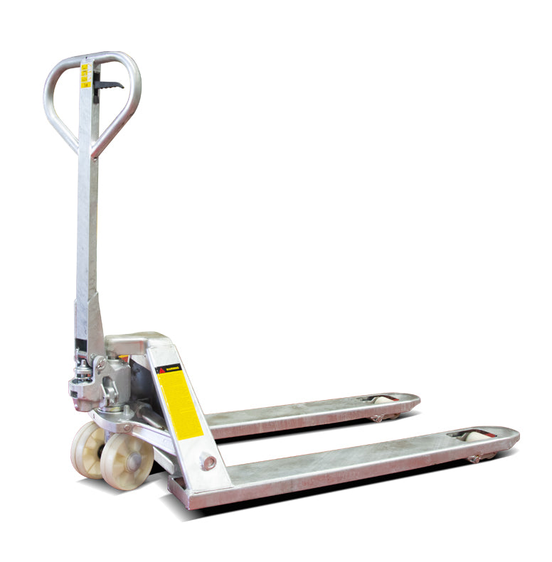 A metal hand pallet jack with a curved handle and two wide forks, designed for lifting and moving heavy loads.
