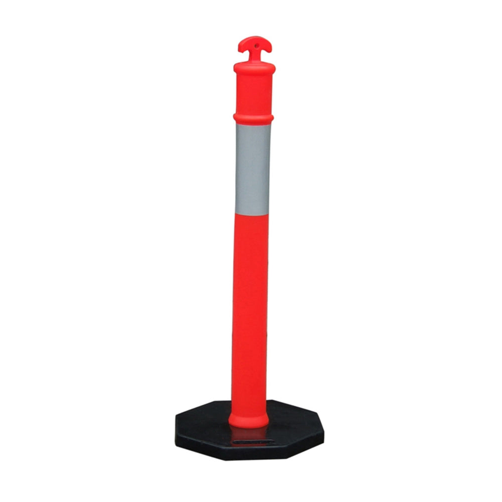 A tall, traffic bollard with a bright red top, silver reflective band, and a black base, used for directing traffic.