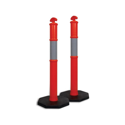 Two red and gray traffic bollards with hexagonal bases, designed for road and safety management, positioned upright against a white background.