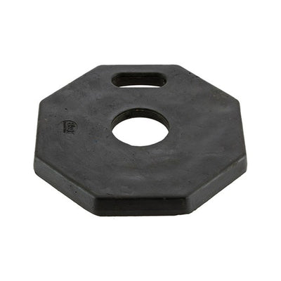 A black octagonal weight plate with a central circular hole and two handles for easy lifting, used with bollard stem.