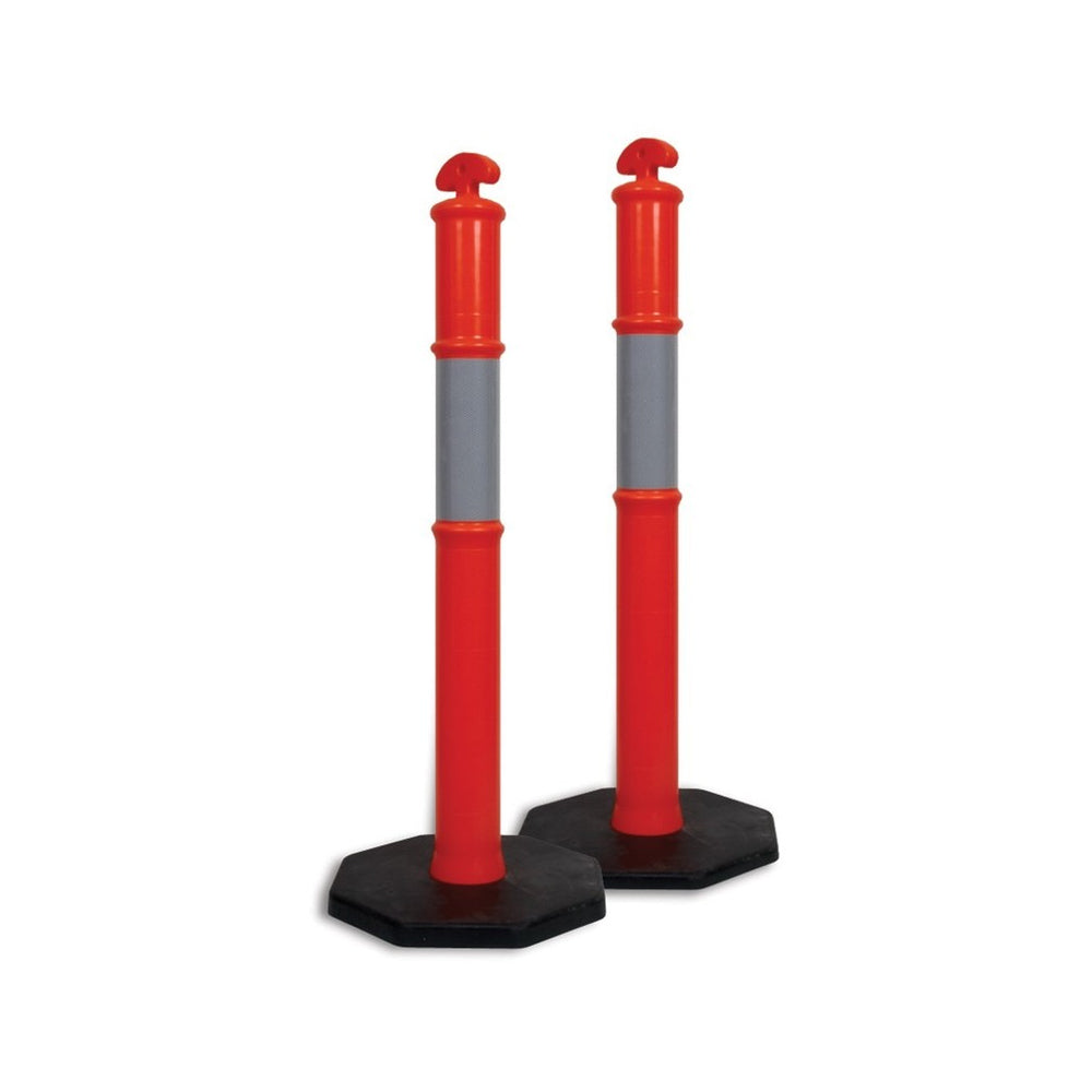 Two red and gray traffic bollards with hexagonal bases, designed for road and safety management, positioned upright against a white background.