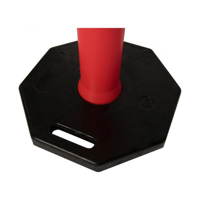 Close-up of a red bollard pole mounted on a hexagonal black base, featuring a handle for easy lifting and stability.