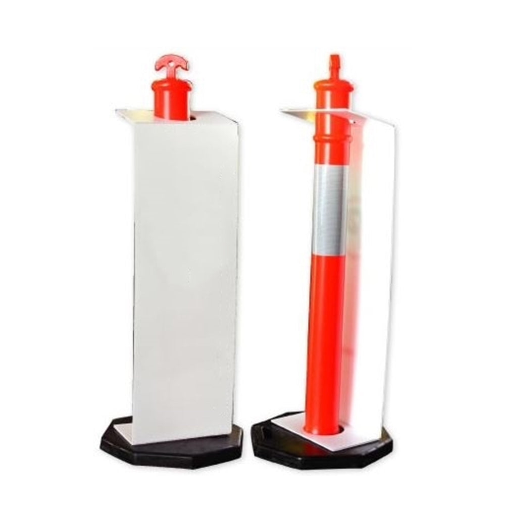 Two traffic bollards displayed fitted with a white card board like slip to display advertising/alerts.