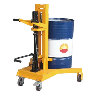 A yellow drum lifter with handles, lifting a blue 55-gallon barrel featuring a Shell logo, mounted on wheels for mobility.