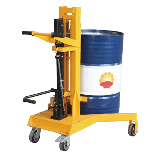 A yellow drum lifter with handles, lifting a blue 55-gallon barrel featuring a Shell logo, mounted on wheels for mobility.
