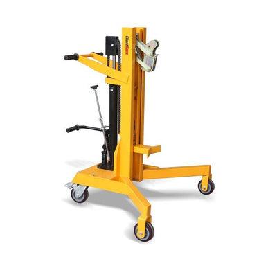 A yellow hydraulic lift with wheels, featuring a vertical frame, lifting mechanism, and handles for manual operation.