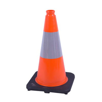 Bright orange traffic cone with a reflective stripe, set on a sturdy black base, used for directing traffic or marking hazards.