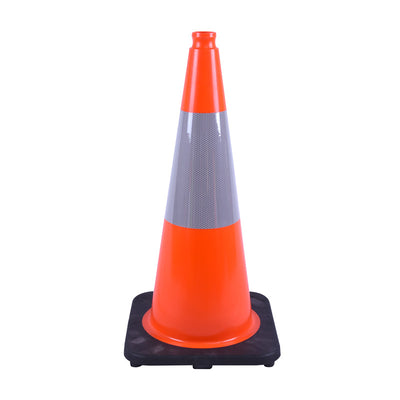 Bright orange traffic cone with a reflective stripe, set on a sturdy black base, used for directing traffic or marking hazards.