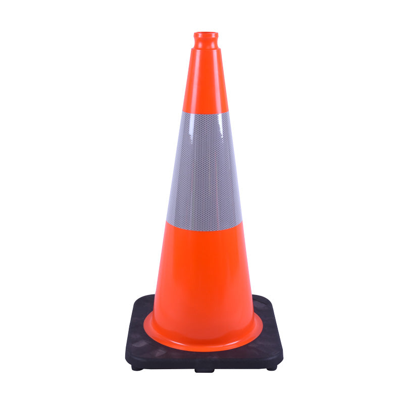 Bright orange traffic cone with a reflective stripe, set on a sturdy black base, used for directing traffic or marking hazards.