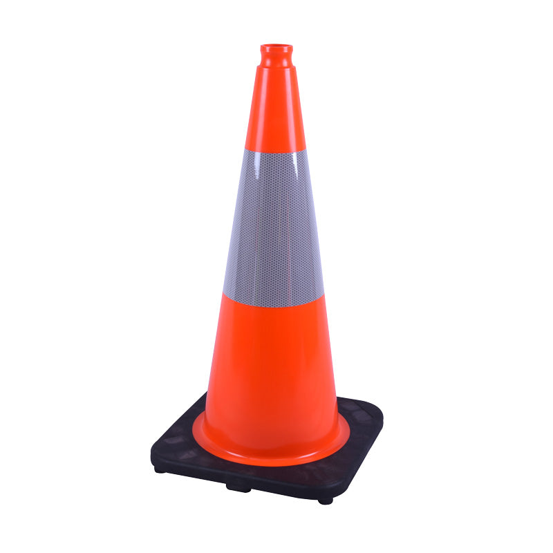Bright orange traffic cone with a reflective stripe, set on a sturdy black base, used for directing traffic or marking hazards.