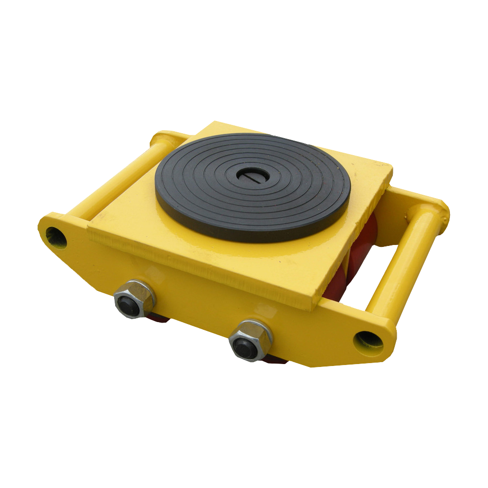 A heavy-duty yellow roller dolly with a circular black rubber surface with six wheels, designed for moving heavy objects easily.