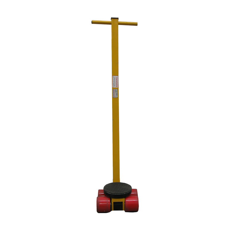 A yellow T-shaped handle for skates and a circular base on four red wheels, used for measuring height accurately.