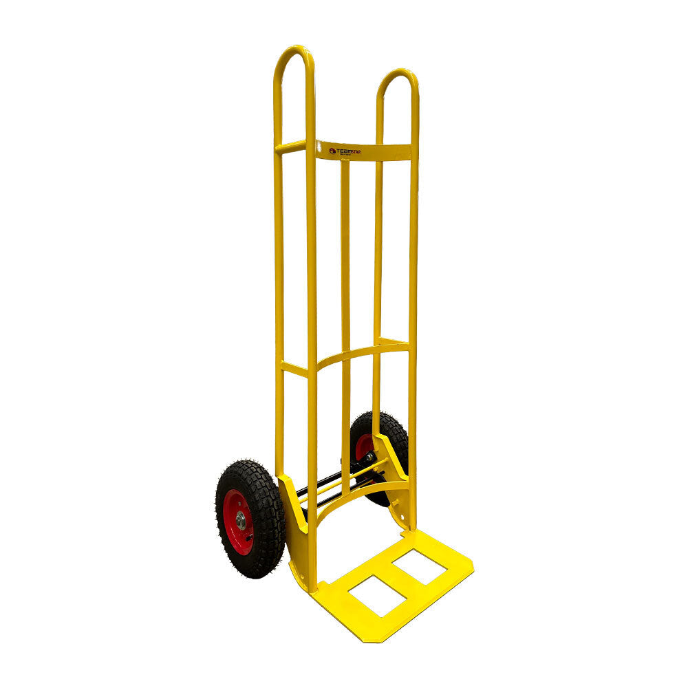A sturdy yellow hand truck with red wheels and a flat base for transporting heavy items, set against a white background.