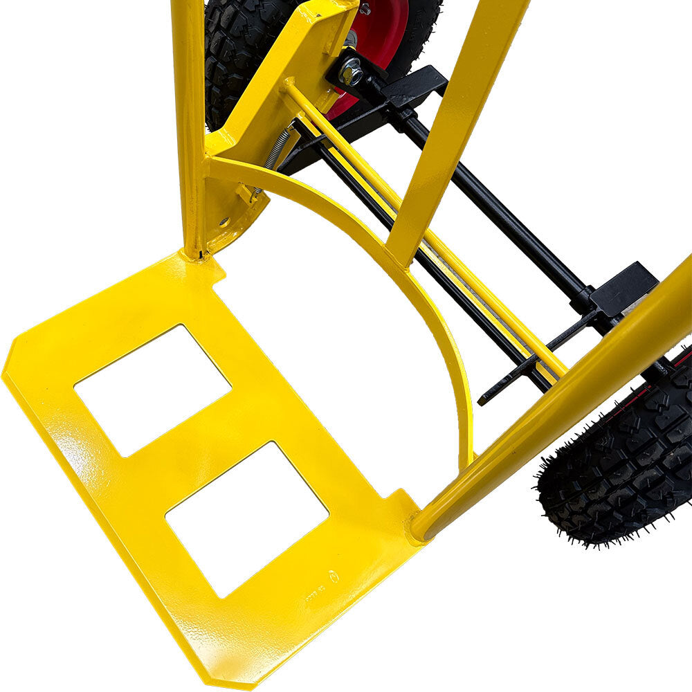 Close-up of a yellow hand truck base featuring two square cutouts, with sturdy tires and a durable frame for heavy lifting.