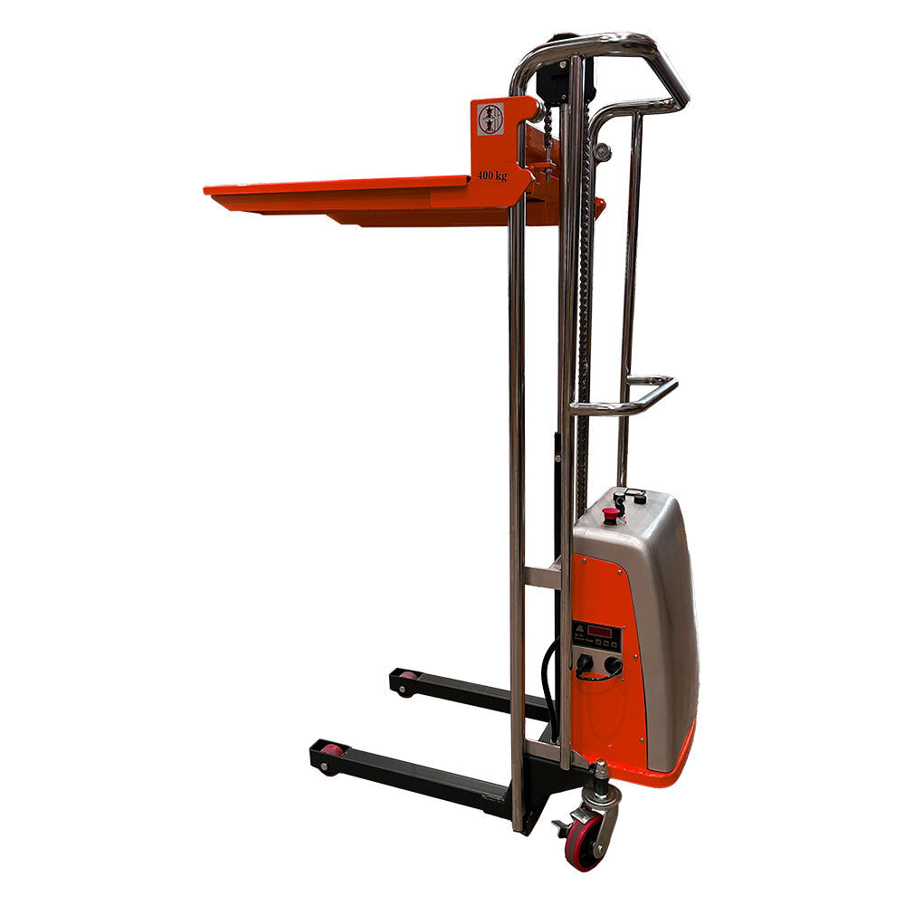 Electric platform stacker with a sturdy orange platform, capable of lifting 400 kg, featuring a chrome frame and smooth-rolling wheels.